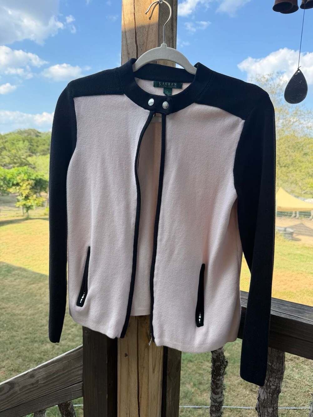 Lauren Ralph Lauren Pink and Black Colorblock Zip-Up Knit Jacket